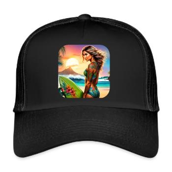 Sexy Surfer Girl on the Beach with Sunset - Trucker Cap - black/black - Front