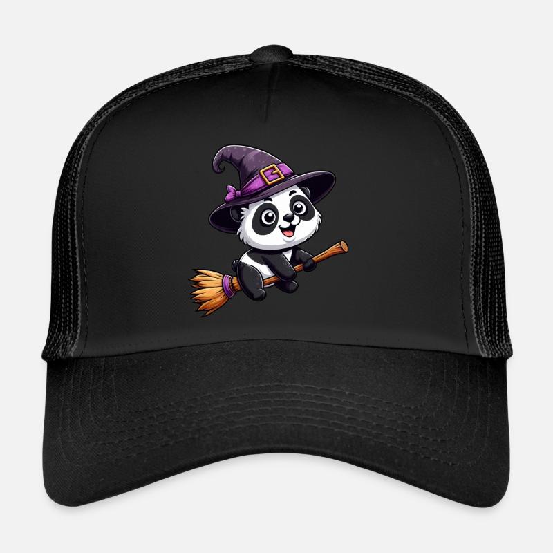 Halloween Panda Witch with Witch's Broom Comic Cute Trucker Cap