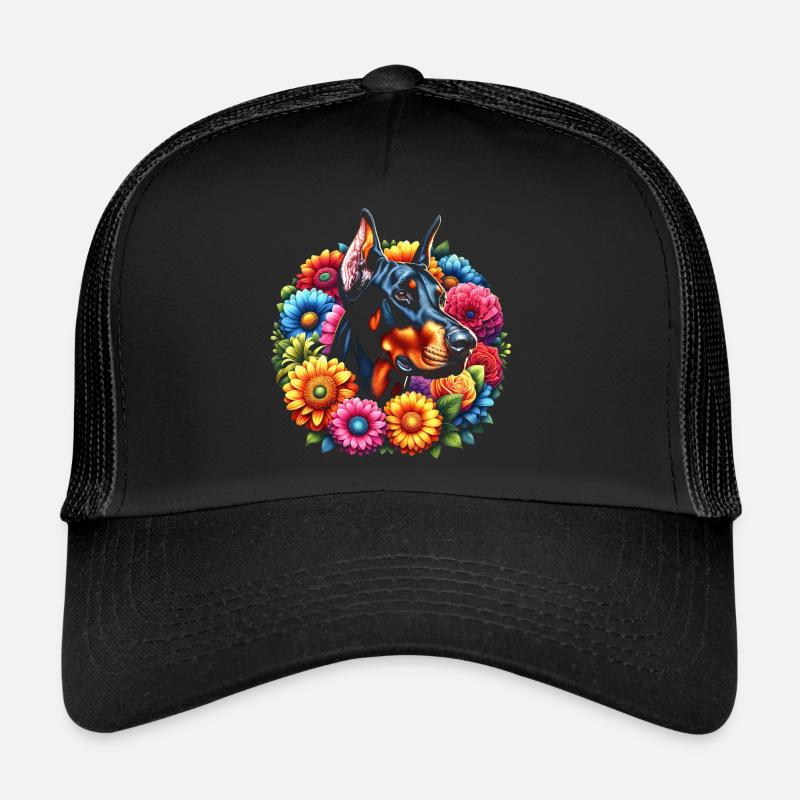 Doberman aux fleurs colorées Casquette trucker 