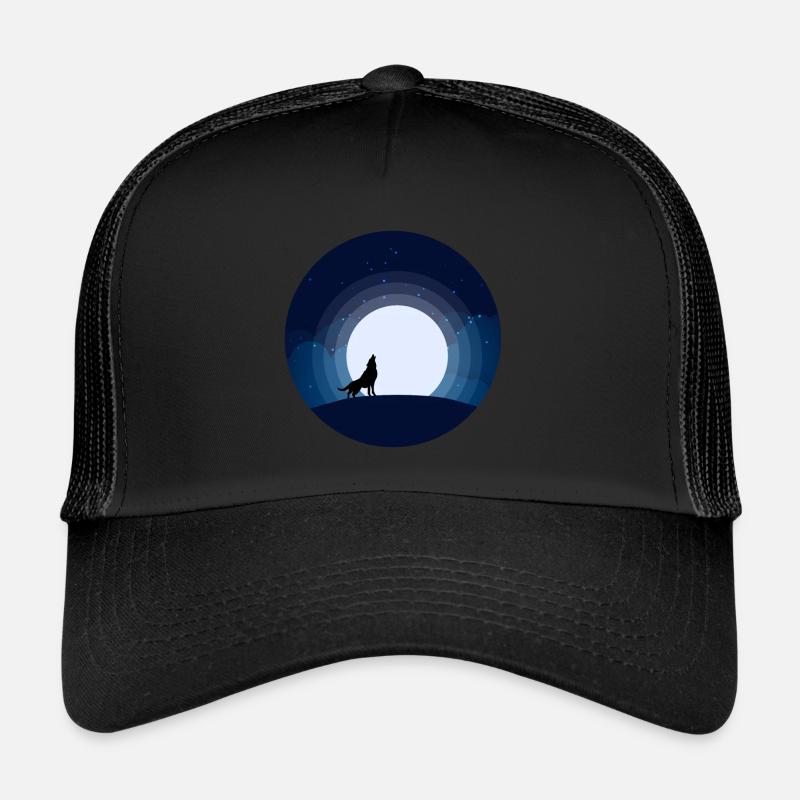Mond Wolf Nachthimmel Berg heult heulen Vollmond - Trucker Cap - Schwarz/Schwarz