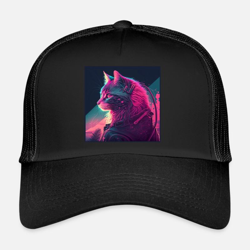 Cat Vaporwave Aesthetic Retro - Trucker Cap - Schwarz/Schwarz