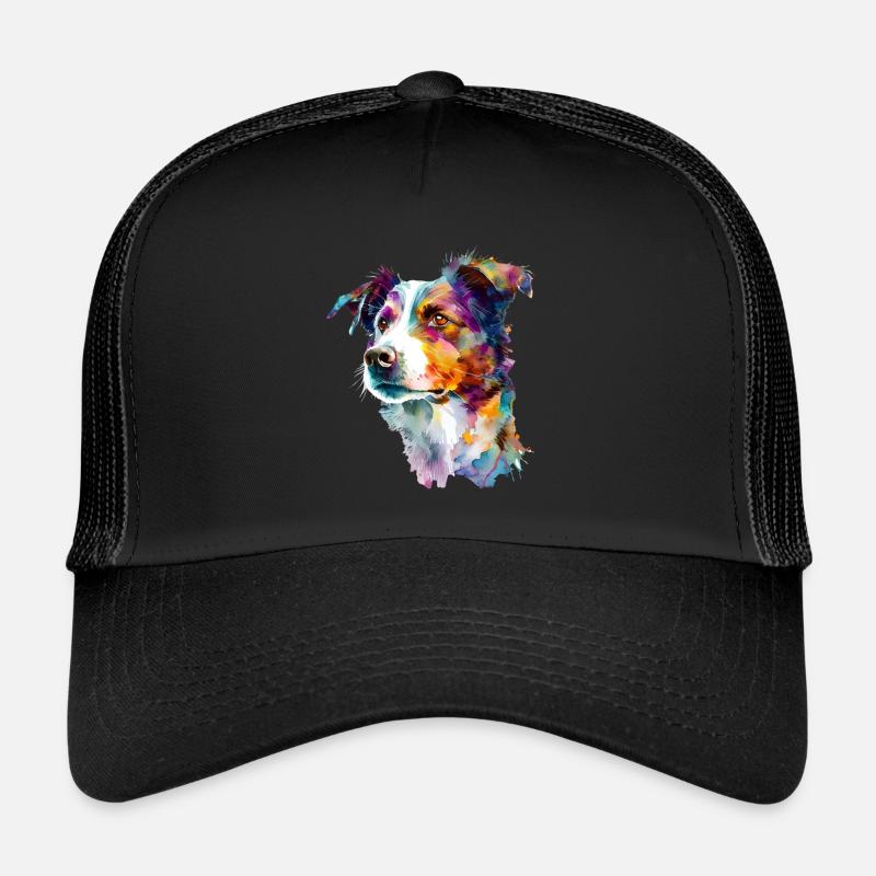 Buntes Aquarell eines Border Collie Hundes - Trucker Cap - Schwarz/Schwarz