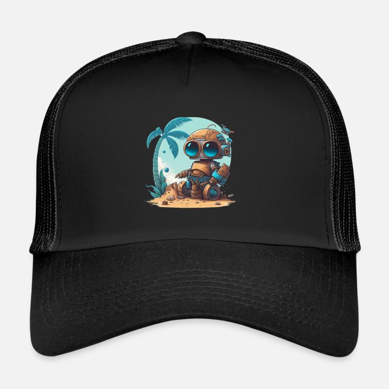 Ein kleiner Roboter am Strand unter einer Palme - Trucker Cap - Schwarz/Schwarz