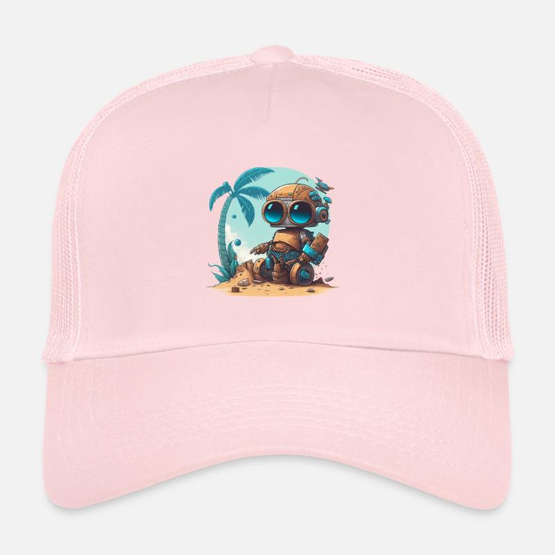 A small robot on the beach under a palm tree Trucker Cap