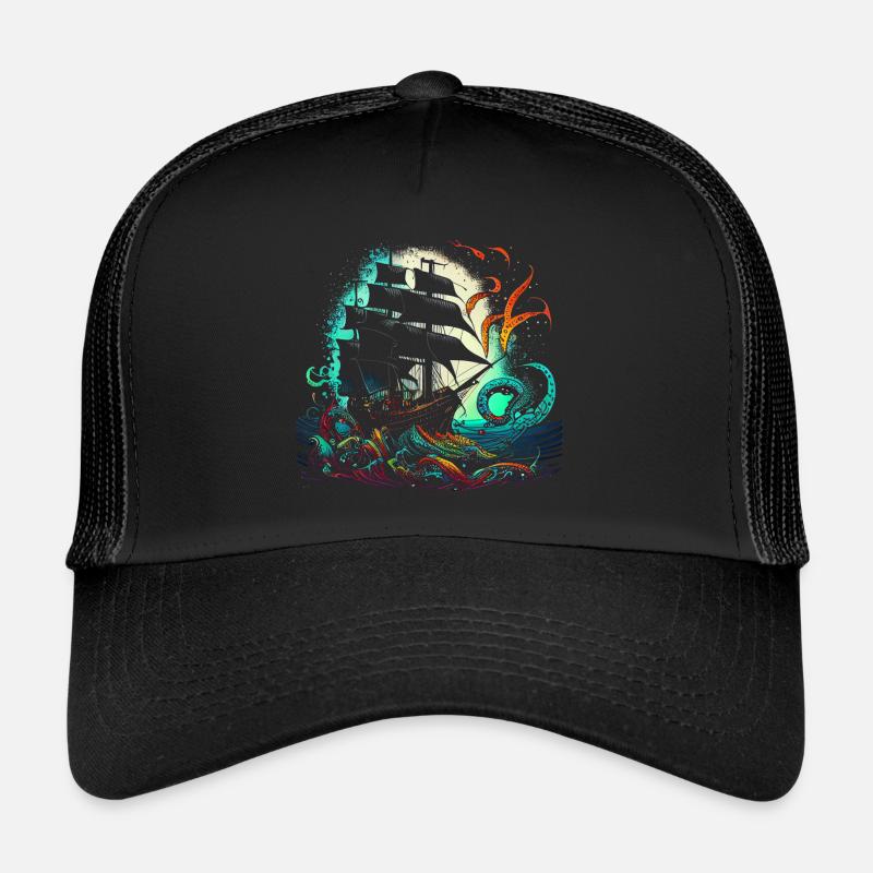 Retro Piratenschiff mit buntem Kraken - Trucker Cap - Schwarz/Schwarz