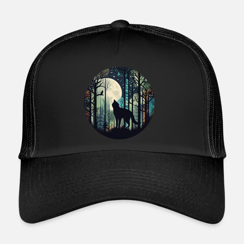 Katze im Wald mit Vollmond, Bäumen - Trucker Cap - Schwarz/Schwarz