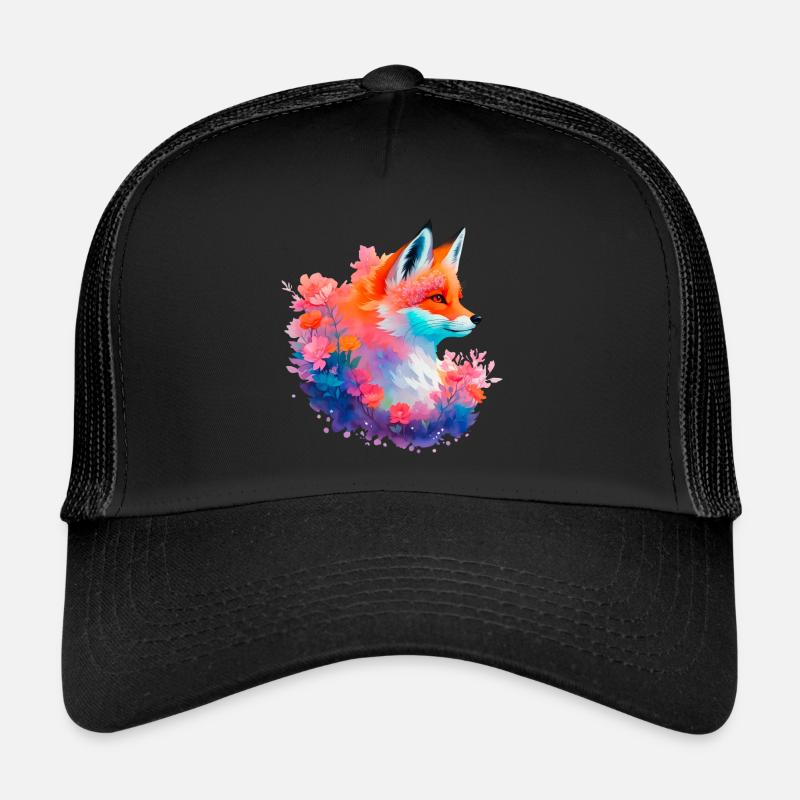 Rotfuchs Blumen Fuchs Kopf - Trucker Cap - Schwarz/Schwarz