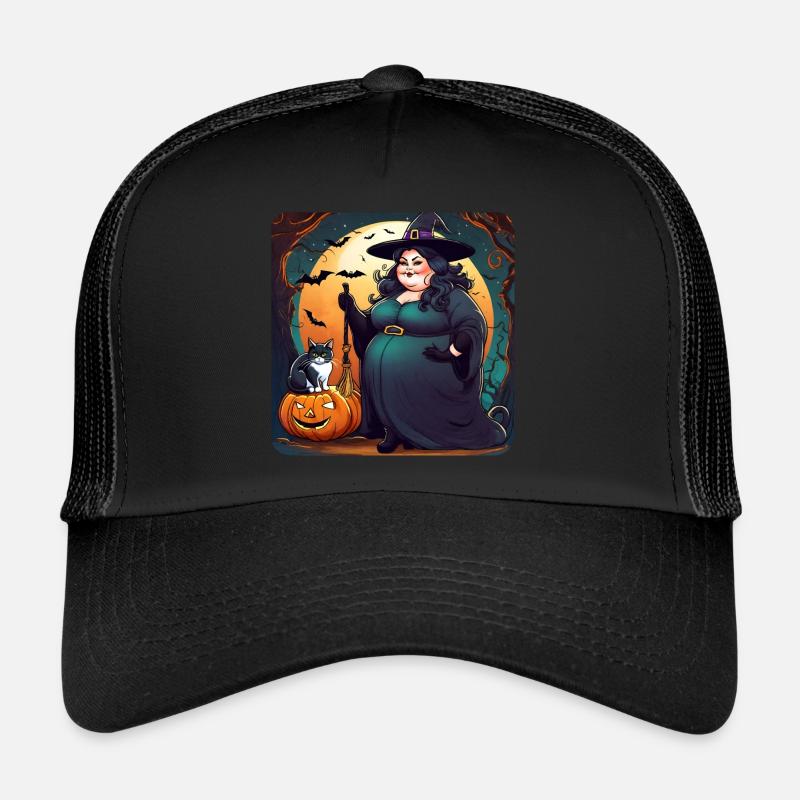 Cute fat chubby witch with pumpkin and cat Trucker Cap