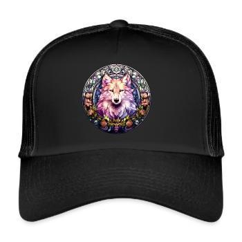 Wolf, Flowers, Stained Glass Window Style, Animals, Dogs - Trucker Cap - black/black - Front
