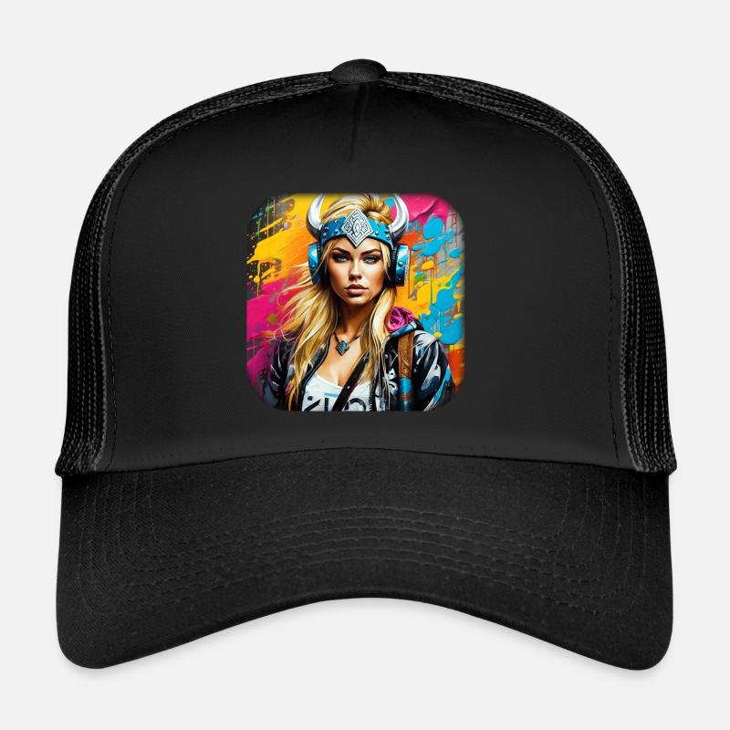 Femme viking moderne avec des écouteurs Casquette trucker 