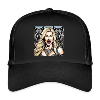 Wikinger Schildmaid mit Wölfe - Trucker Cap - Schwarz/Schwarz - Vorne