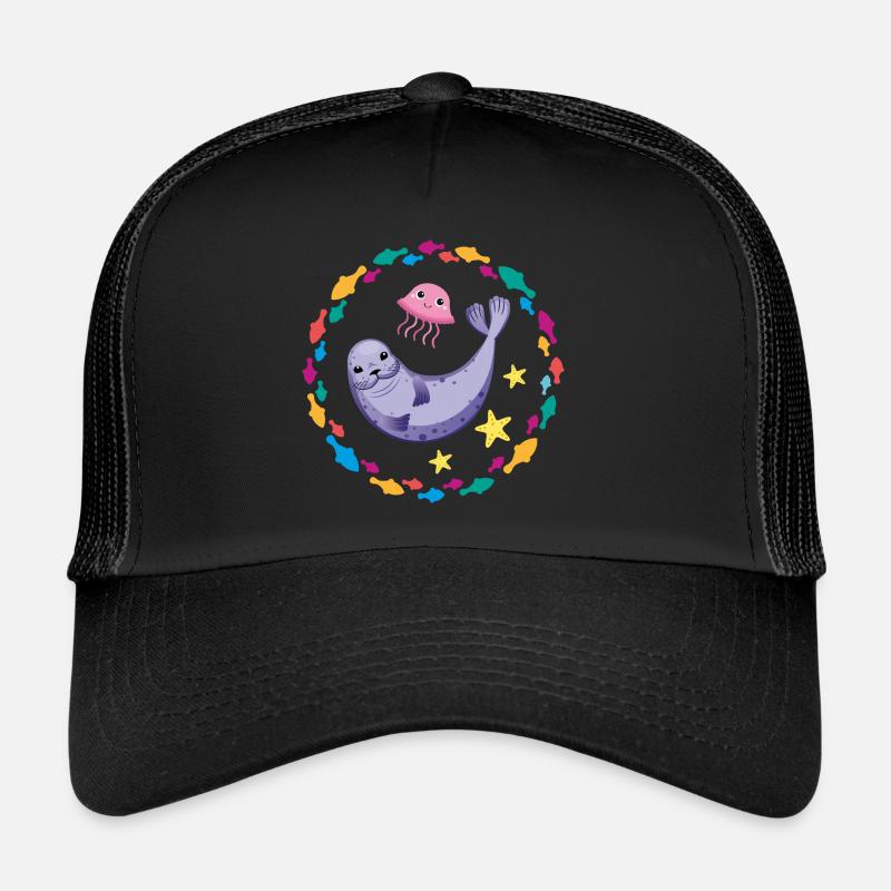 Lustiger Seehund lustige Robbe - Trucker Cap - Schwarz/Schwarz