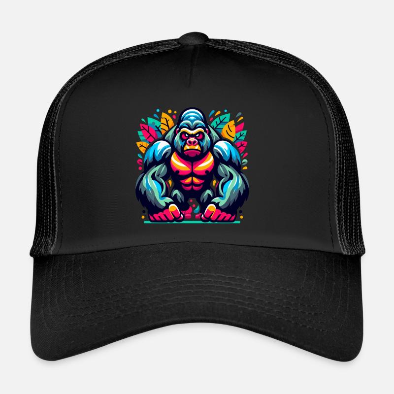 GORILLA AFFE TIER BUNT HERBST BLÄTTER ERNST WÜTEND - Trucker Cap - Schwarz/Schwarz