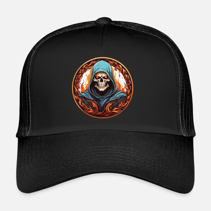 Grim Reaper with cowl in fire circle Trucker Cap