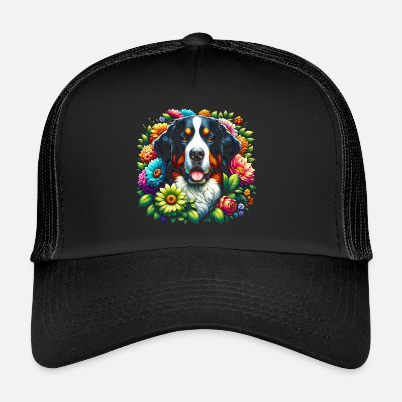Berner Sennenhund in bunten Blumen - Trucker Cap - Schwarz/Schwarz