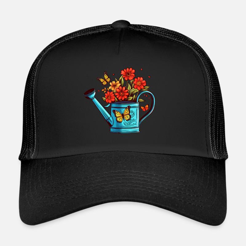 Gießkanne Blumen Schmetterlinge Gärtner Sommer - Trucker Cap - Schwarz/Schwarz