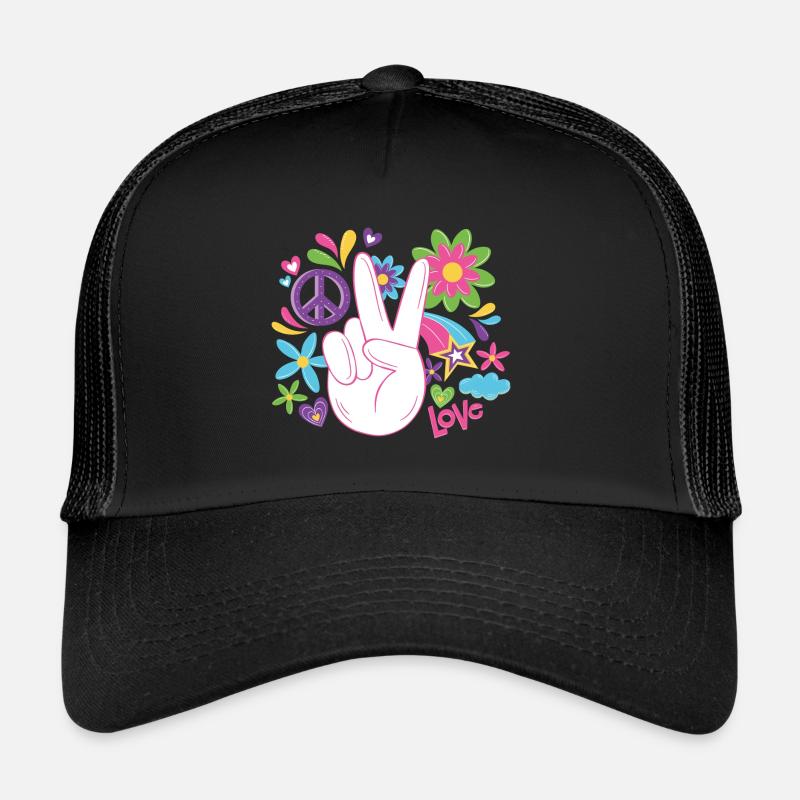 Peace Weltfrieden Flower Power Geschenk 70er Love - Trucker Cap - Schwarz/Schwarz