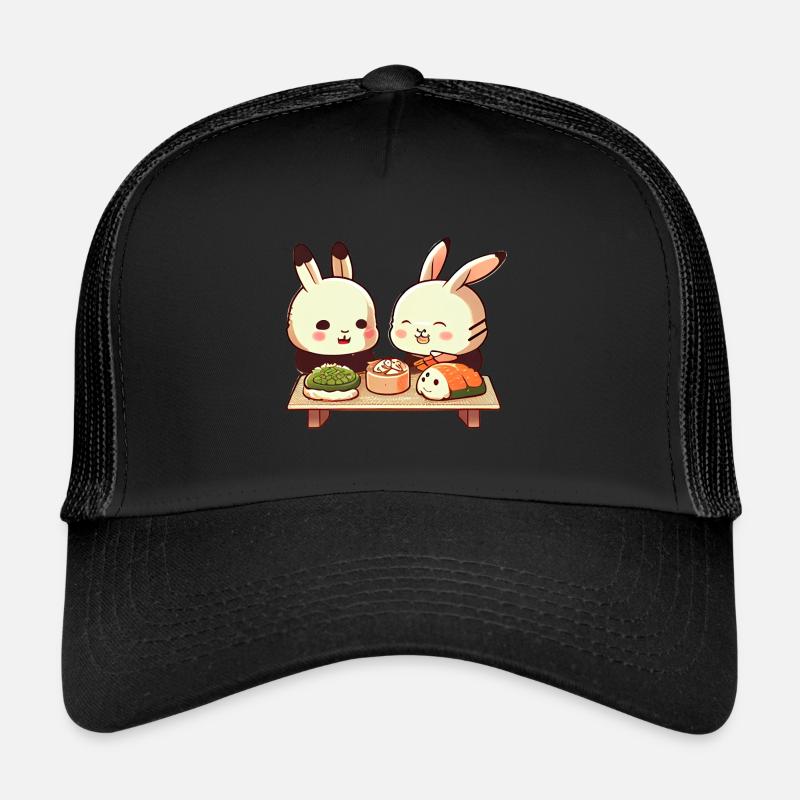 Süße Comic Hasen essen zusammen Sushi - Trucker Cap - Schwarz/Schwarz