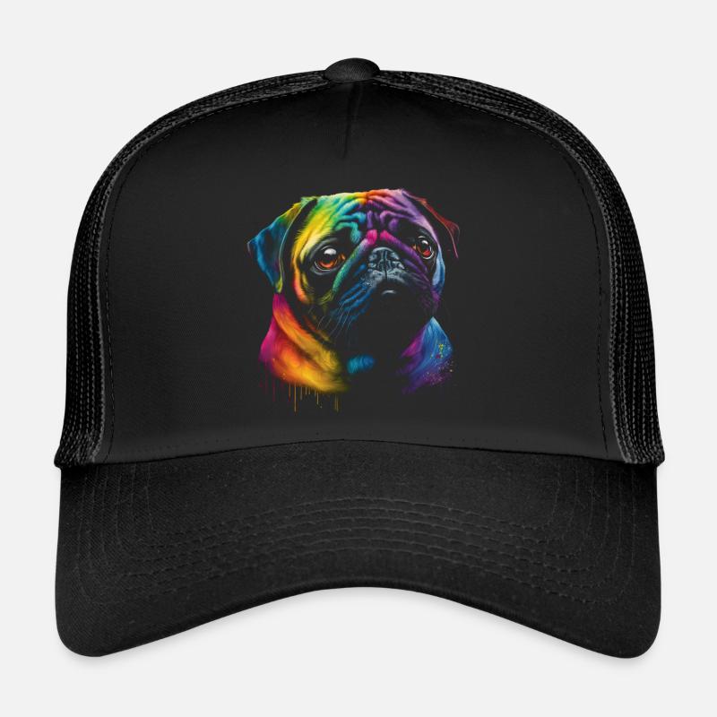 Mops Hund in Regenbogenfarben - Trucker Cap - Schwarz/Schwarz