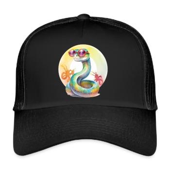 Bunte coole Schlange mit Sonnenbrille - Trucker Cap - Schwarz/Schwarz - Vorne