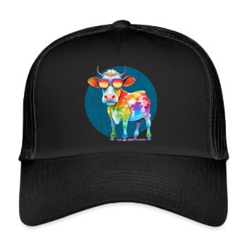 Bunte coole Kuh mit Sonnenbrille - Trucker Cap - Schwarz/Schwarz - Vorne