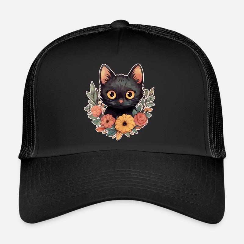 Schwarze Katze Blumen Kinder Comic Katzen Fan - Trucker Cap - Schwarz/Schwarz