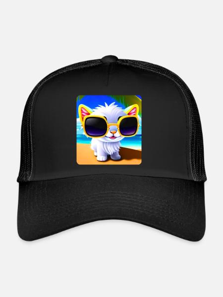 Naughty cat in sunglasses on the beach with sea - Trucker Cap - black/black - Front