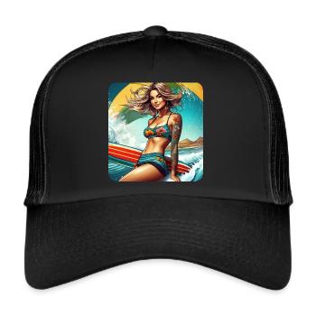 Sexy Surfer Girl am Strand mit Sonnenuntergang - Trucker Cap - Schwarz/Schwarz - Vorne