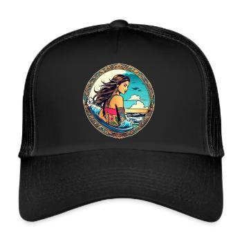 Jolie surfeuse fille sur la plage avec coucher de soleil - Casquette trucker  - noir/noir - Devant