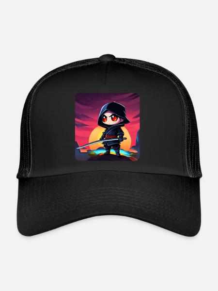 Niedlicher Ninja mit Katana im Sonnenuntergang - Trucker Cap - Schwarz/Schwarz