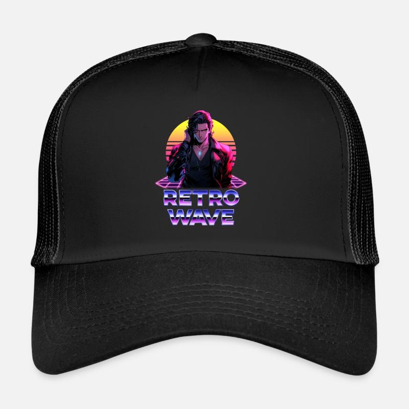 Retro Wave 80er Jahre Anime Man – Anime Shirt - Trucker Cap - Schwarz/Schwarz