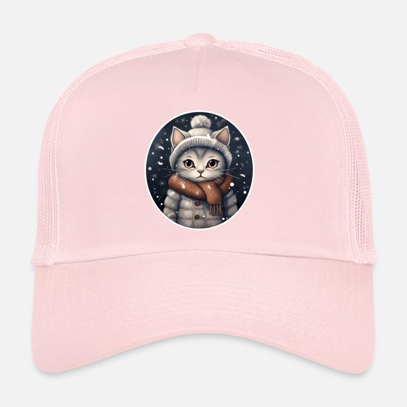 Chat avec chapeau, écharpe et veste dans les chutes de neige Casquette trucker 