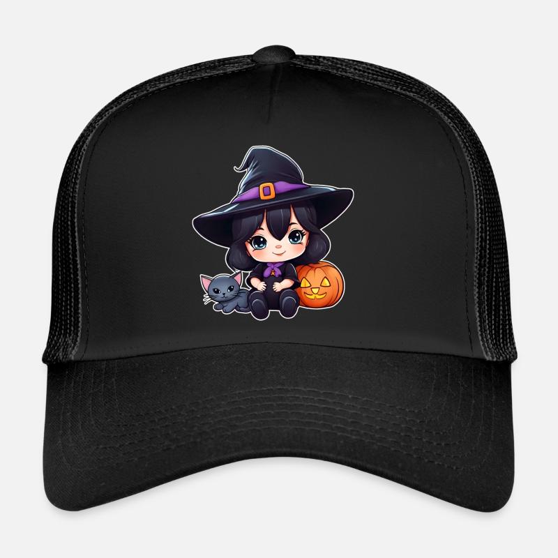 Niedliche Hexe mit schwarzer Katze und Kürbis Trucker Cap