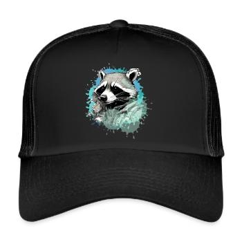 raccoon, black-and-white, grey, watercolor, colorful - Trucker Cap - black/black - Front