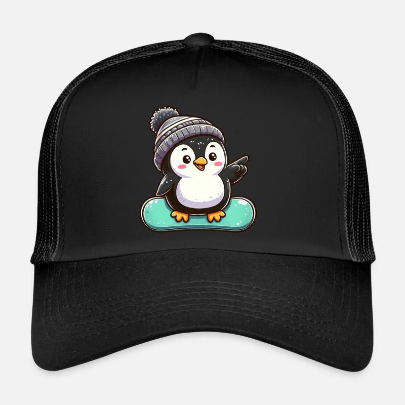 Pinguin Snowboarder Wintersport Design - Trucker Cap - Schwarz/Schwarz