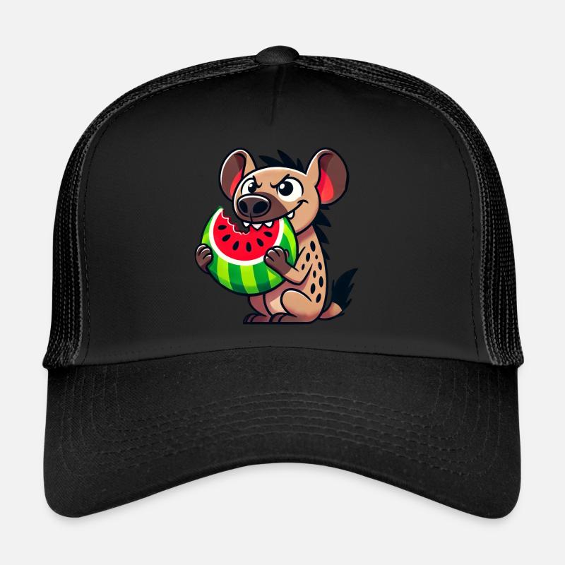 Hyène mignonne avec des fruits de dessin animé de pastèque d’été - Casquette trucker  - noir/noir
