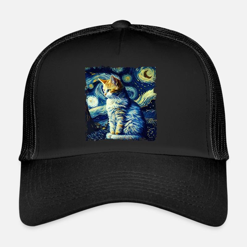 Starry night Katze van gogh's cat Parody lustig - Trucker Cap - Schwarz/Schwarz