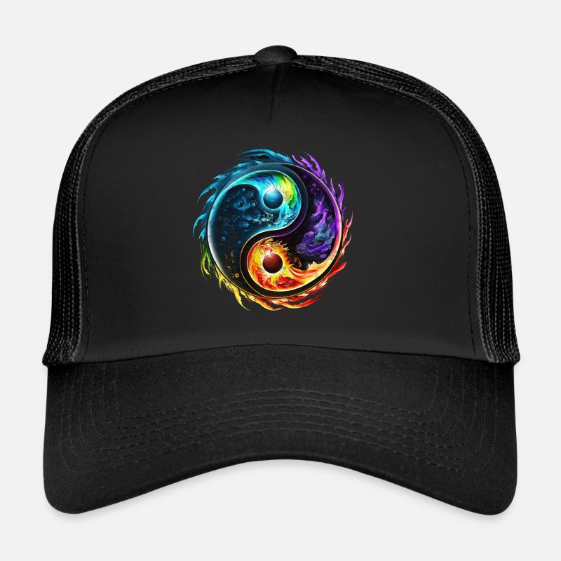 Symbole Yin Yang, Éléments, Tao, Chi, Spiritualité - Casquette trucker  - noir/noir