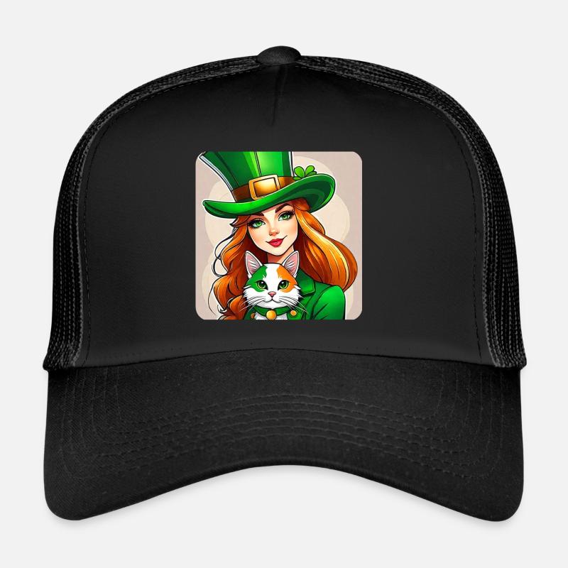 Saint Patricks Day Koboldin mit Katze Trucker Cap