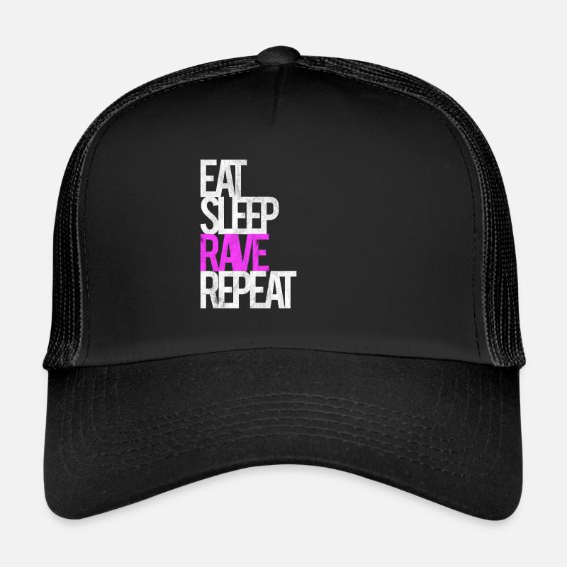 Rave Raver Techno Musik Eat Sleep Rave Repeat - Trucker Cap - Schwarz/Schwarz