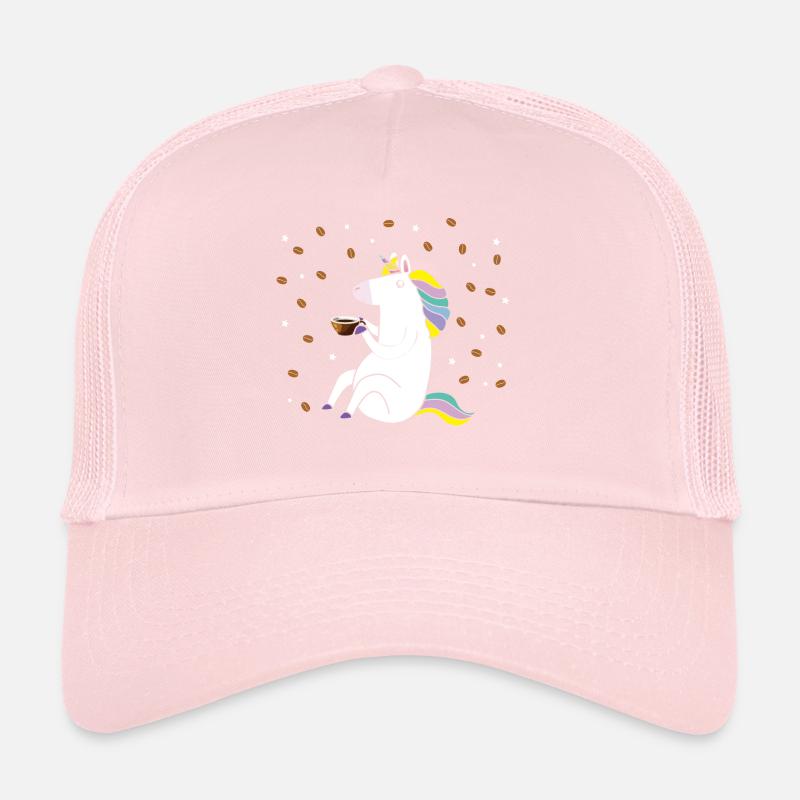 Einhorn genießt seinen Kaffee. Trucker Cap