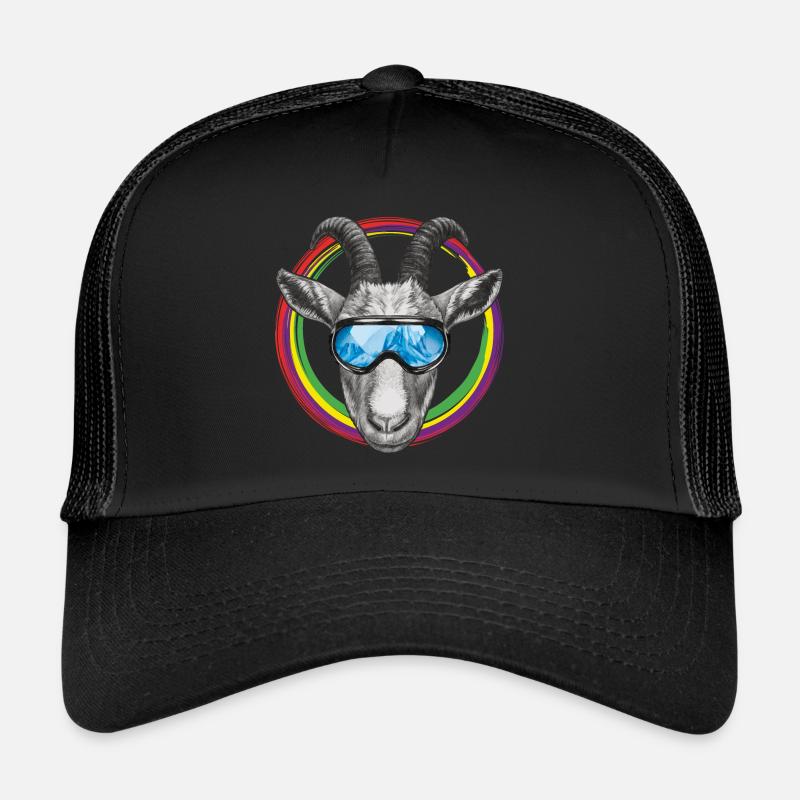 Coole Ziege mit blauer Skibrille - Trucker Cap - Schwarz/Schwarz