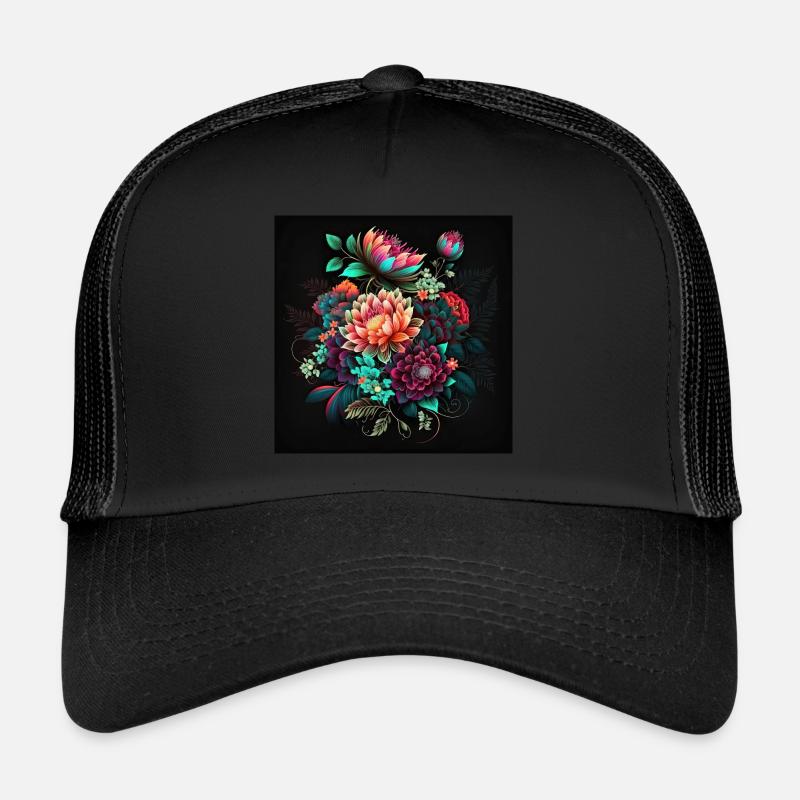 Motif de fleurs botaniques - Casquette trucker  - noir/noir