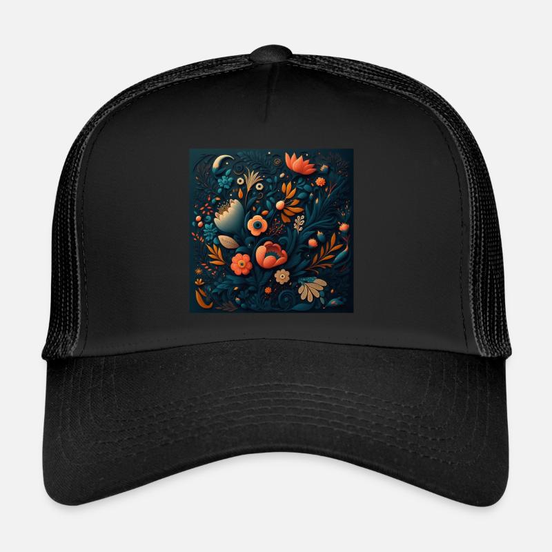 Motif de fleurs botaniques - Casquette trucker  - noir/noir