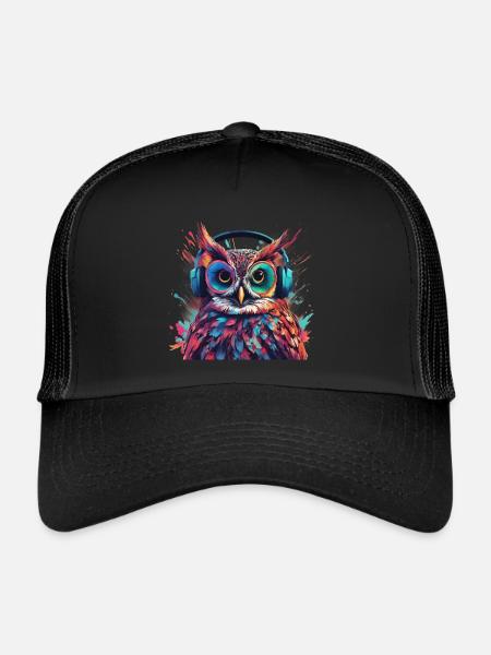 Cool owl with headphones - Trucker Cap - black/black - Front