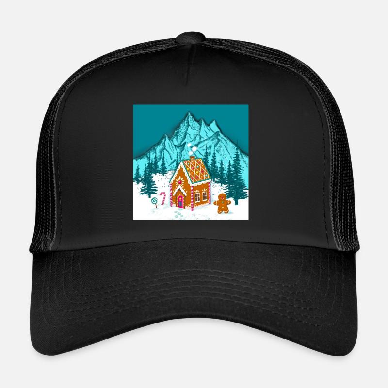 Maison en pain d’épice colorée dans les montagnes enneigées Casquette trucker 