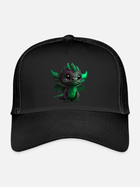 Bébé Dragon Vert| Mignon bébé dragon vert - Casquette trucker  - noir/noir - Devant