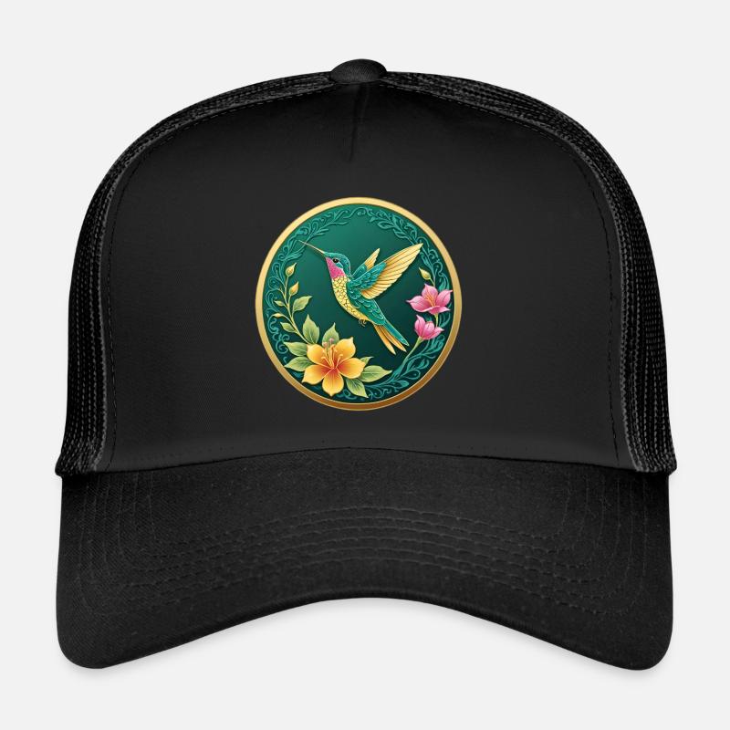 Ausgefallener Münzkolibri auf Blumen - Trucker Cap - Schwarz/Schwarz