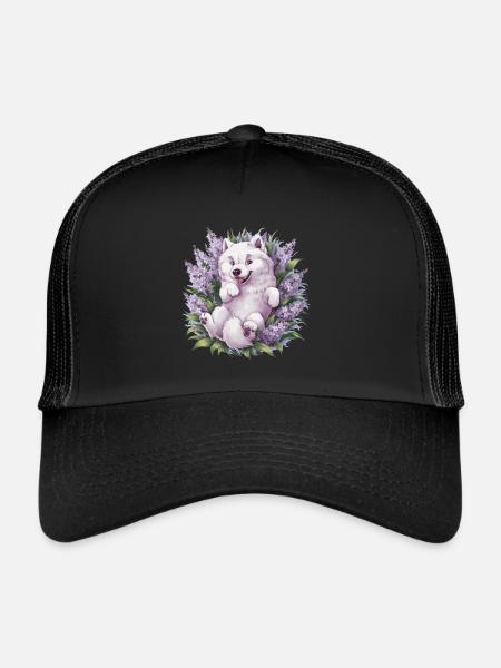Spitz Samoyède doux avec un beau lilas - Casquette trucker  - noir/noir - Devant
