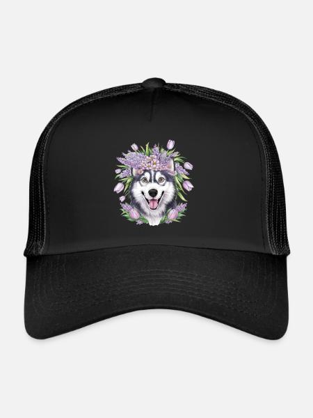 Dessin animé Husky avec des tulipes, lilas pour les fans de husky - Casquette trucker  - noir/noir - Devant